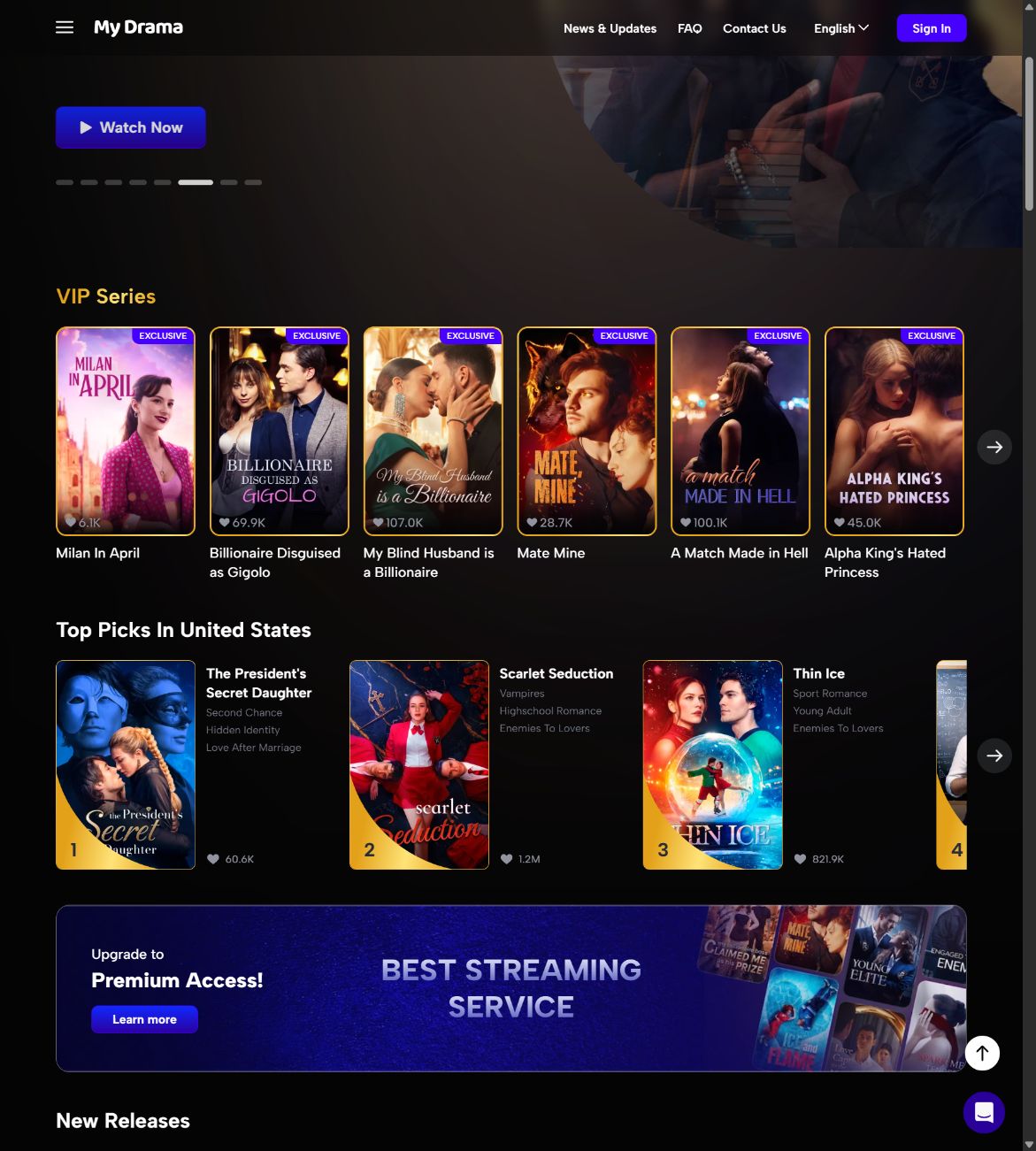 My Drama's VIP series shelf, United States top-picks row and premium-access promotion with real series artwork.
